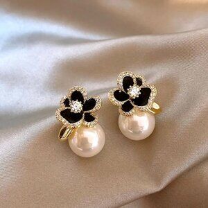2/$24 Gold-Tone Black Floral Crystal & Pearl Dressy Black Drop Earrings